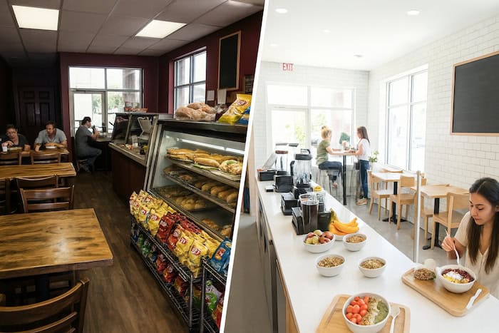 Restaurant rescue and turnaround before-and-after example showing a dark, outdated diner transformed into a bright, modern restaurant.