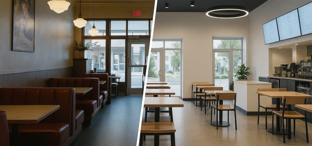 Side-by-side comparison of an outdated diner interior and a modern, bright restaurant layout, illustrating a restaurant makeover and operational turnaround.