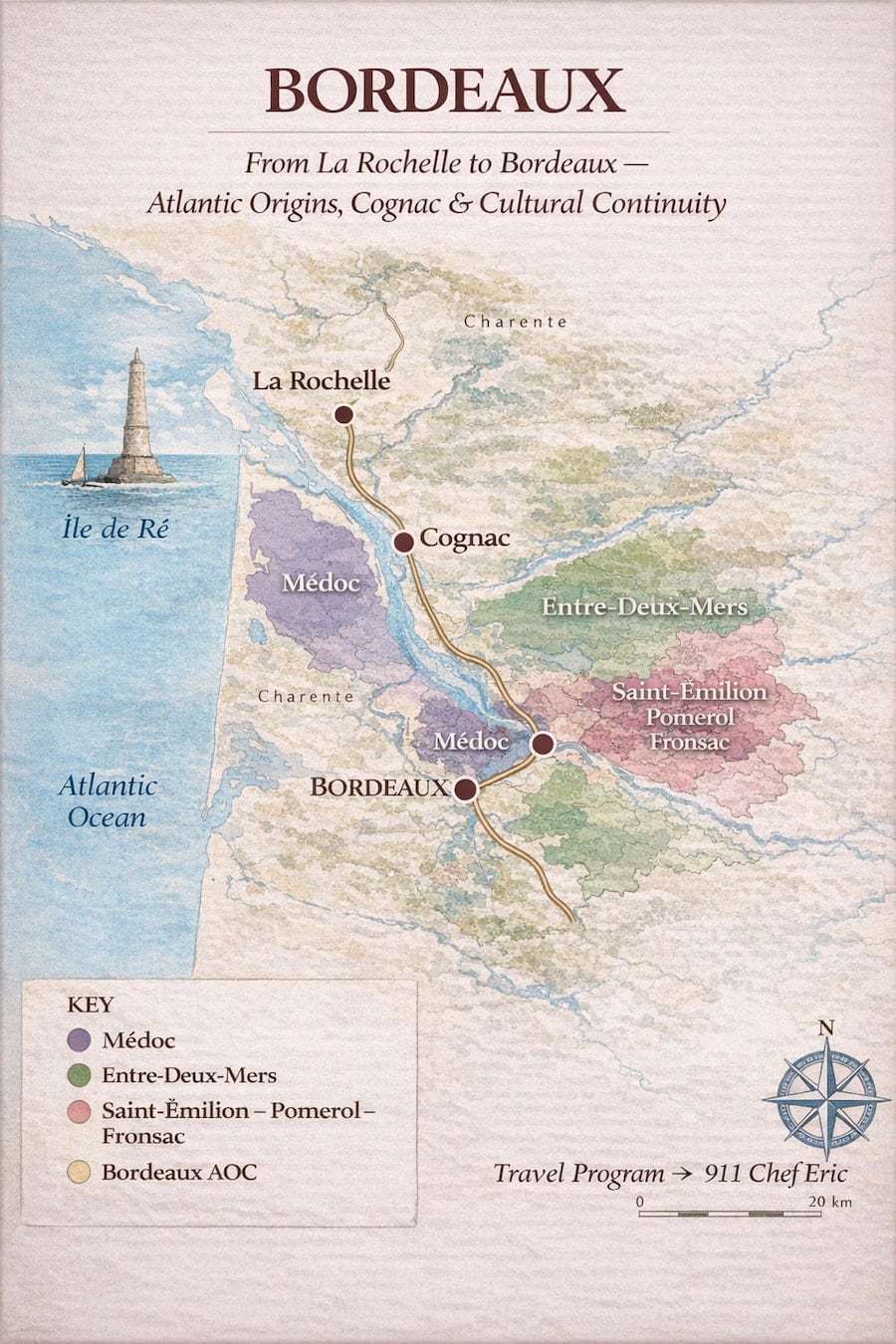 Map of the Bordeaux culinary journey from La Rochelle through Cognac to Bordeaux, highlighting Médoc, Graves, Entre-Deux-Mers, and Saint-Émilion wine regions
