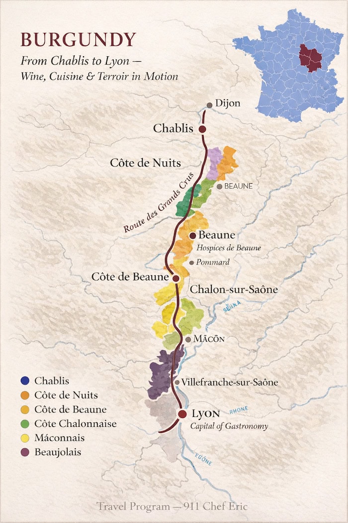 Map of the Burgundy culinary journey from Chablis through the Route des Grands Crus to Lyon