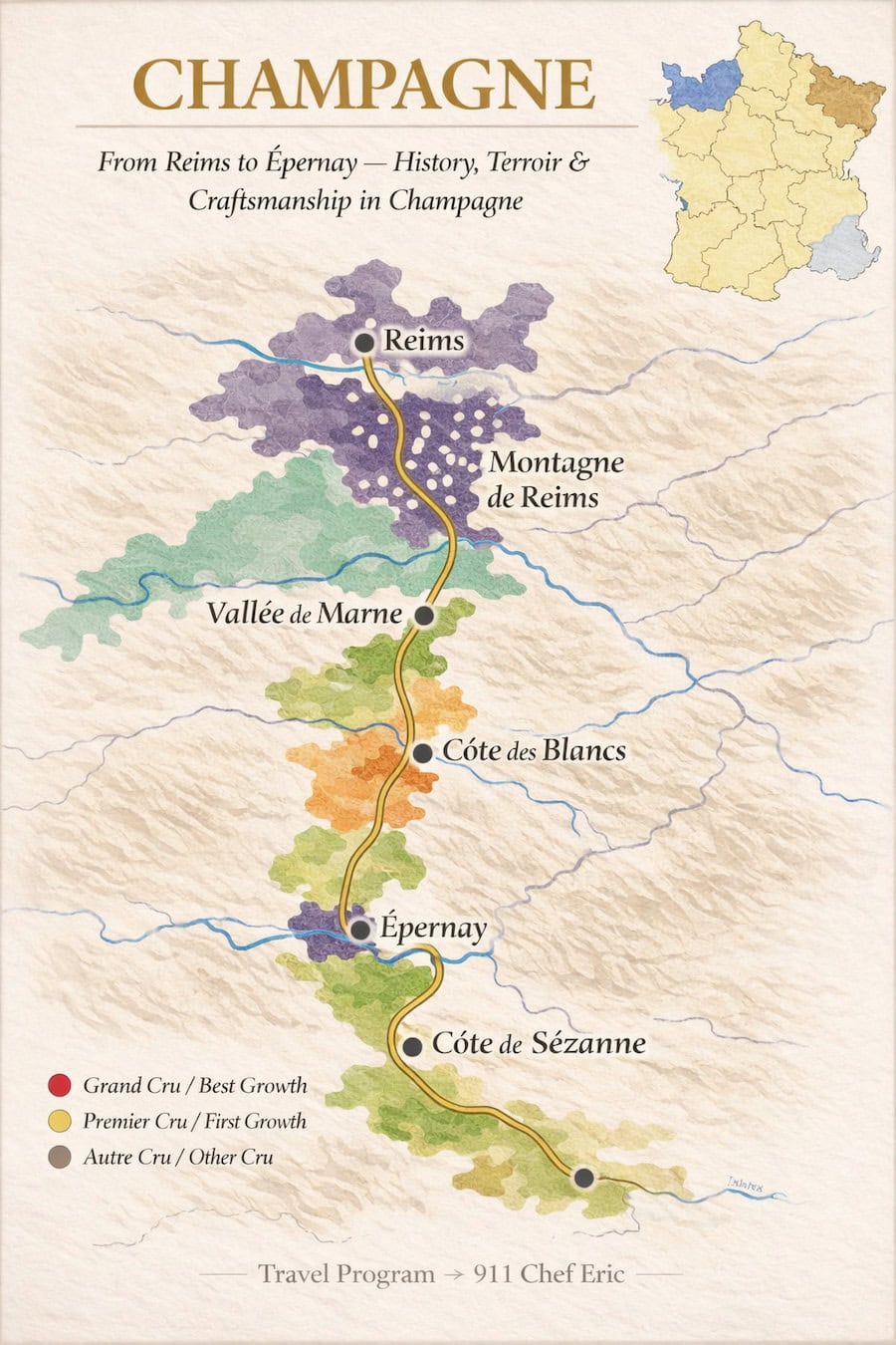 Map of the Champagne culinary journey from Reims through the Champagne vineyards to Épernay