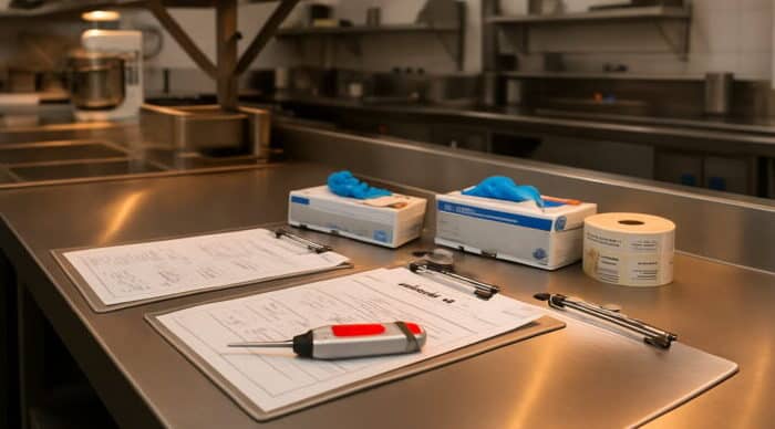 Commercial kitchen with food safety checklists, thermometer, and HACCP documentation on stainless steel workstation.