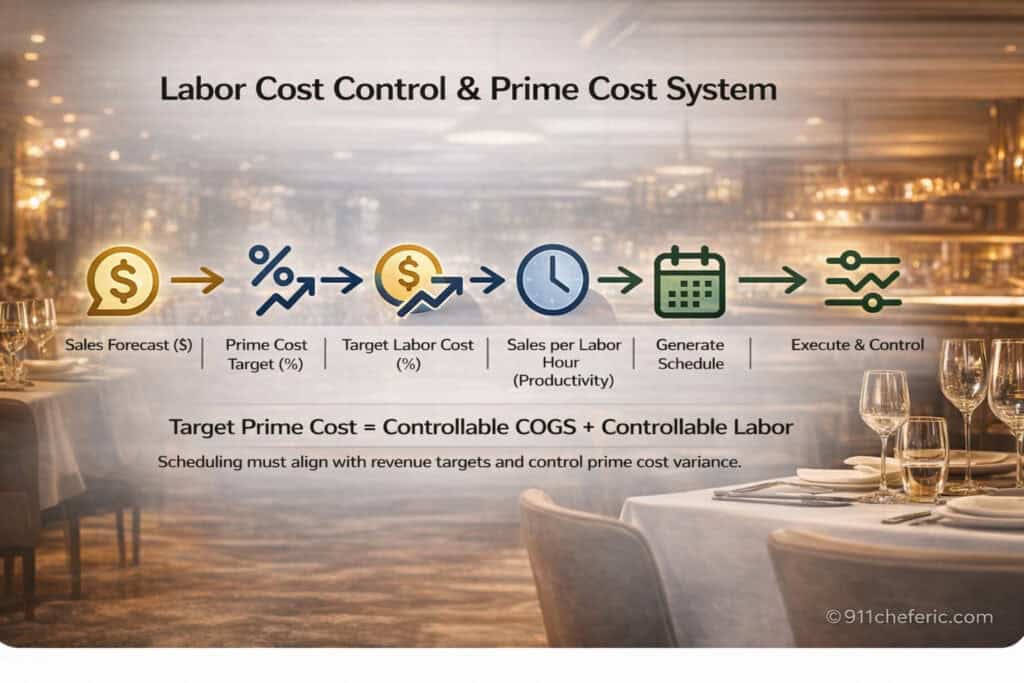 Labor cost control and prime cost system showing sales forecast, labor target, productivity, scheduling, and execution flow