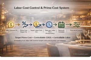 Labor cost control and prime cost system showing sales forecast, labor target, productivity, scheduling, and execution flow