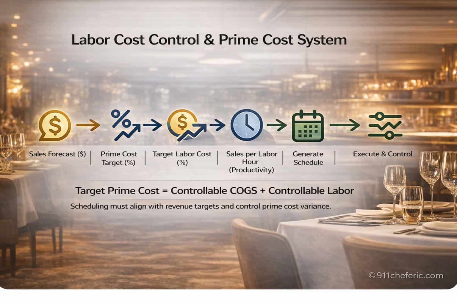 Labor cost control and prime cost system showing sales forecast, labor target, productivity, scheduling, and execution flow