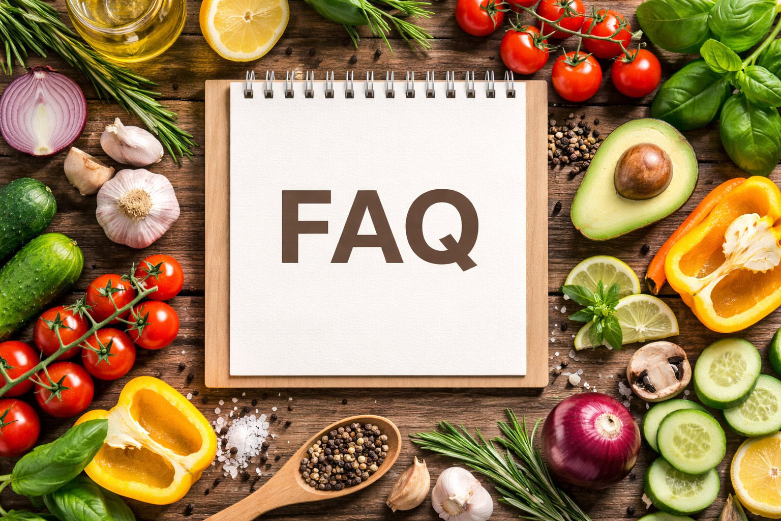 Restaurant consulting FAQ with fresh vegetables and kitchen ingredients