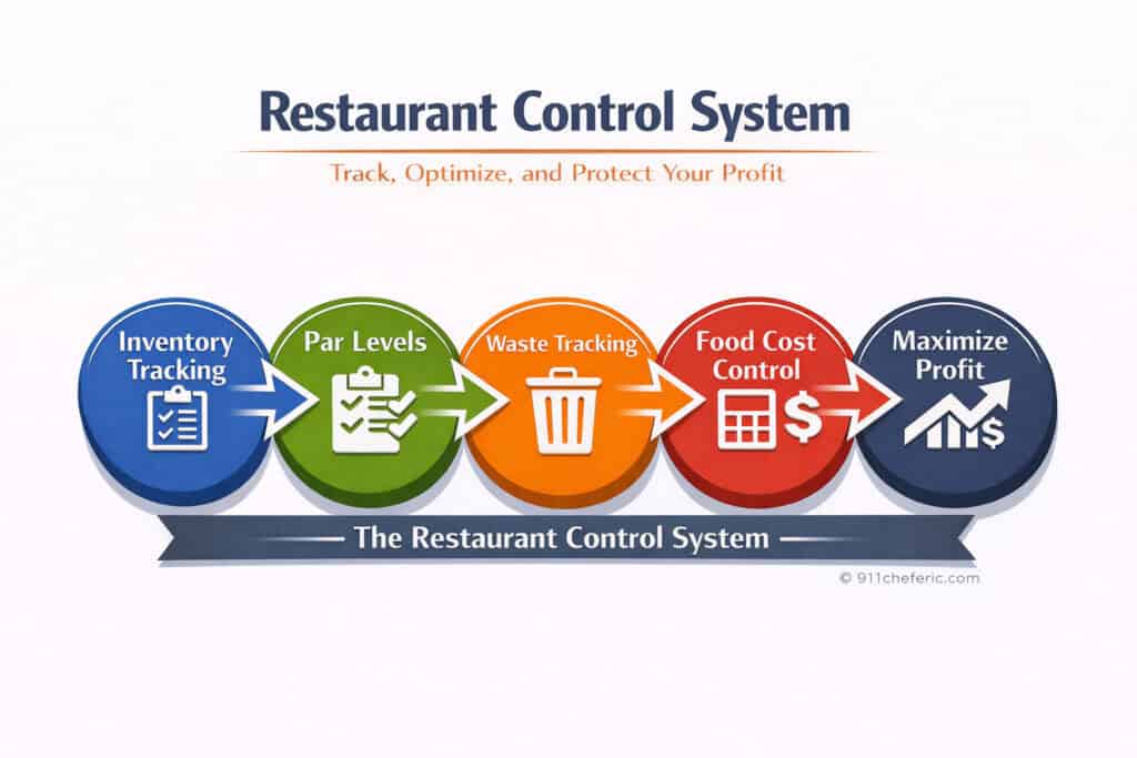 Restaurant control system showing inventory tracking, par levels, waste tracking, food cost control, and profit optimization