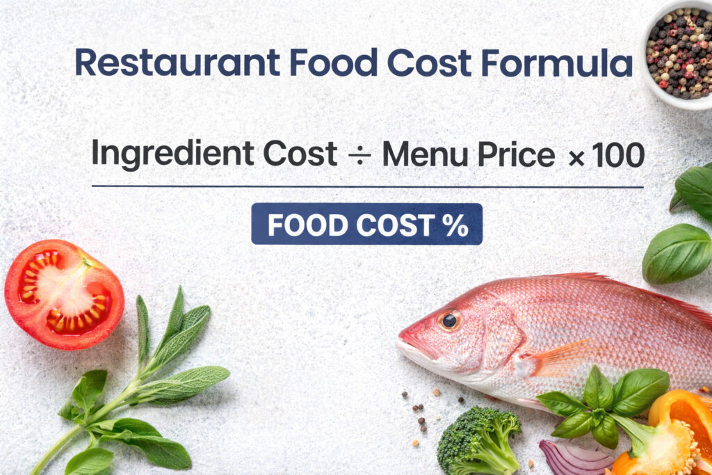 Restaurant food cost formula showing ingredient cost divided by menu price multiplied by 100 to calculate food cost percentage