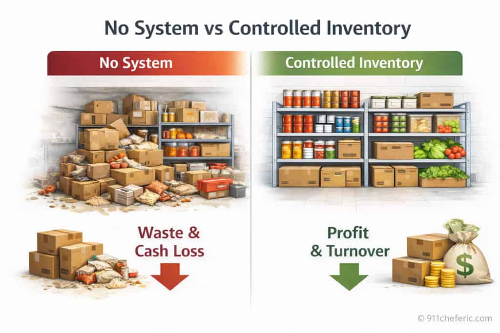 restaurant inventory comparison showing no system vs controlled inventory with waste and profit outcomes