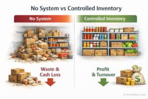 restaurant inventory comparison showing no system vs controlled inventory with waste and profit outcomes