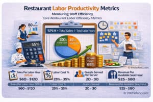 Restaurant labor productivity metrics infographic showing SPLH formula, labor cost percentage, guests served per server, and revenue per available seat hour