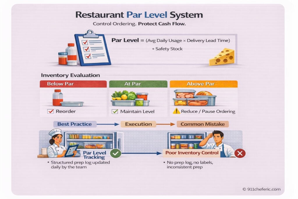 Restaurant par level system showing inventory control formula, stock evaluation levels, and best practices for ordering and cost control