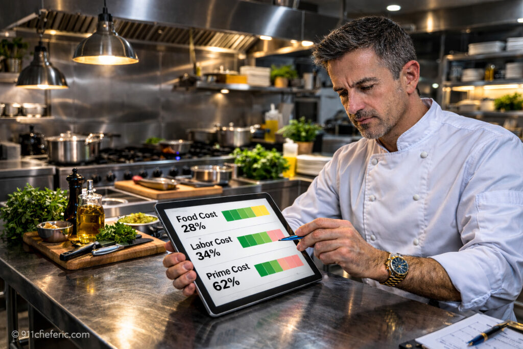Chef analyzing restaurant prime cost, food cost, and labor cost on tablet in professional kitchen