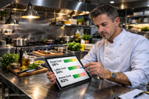 Chef analyzing restaurant prime cost, food cost, and labor cost on tablet in professional kitchen