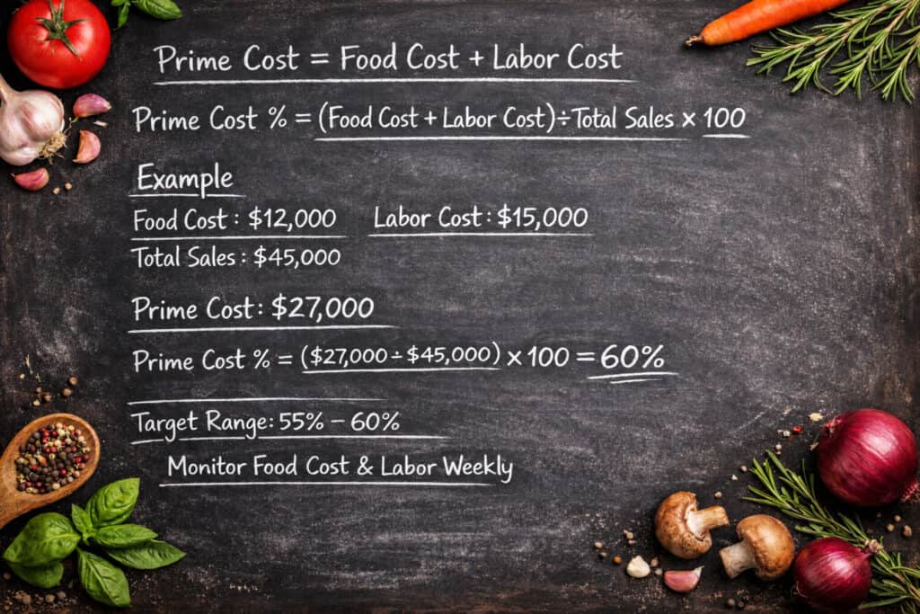 A chalkboard with food cost and labor cost formulas, surrounded by fresh vegetables and herbs.
