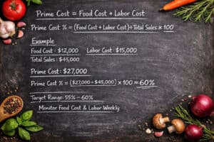A chalkboard with food cost and labor cost formulas, surrounded by fresh vegetables and herbs.