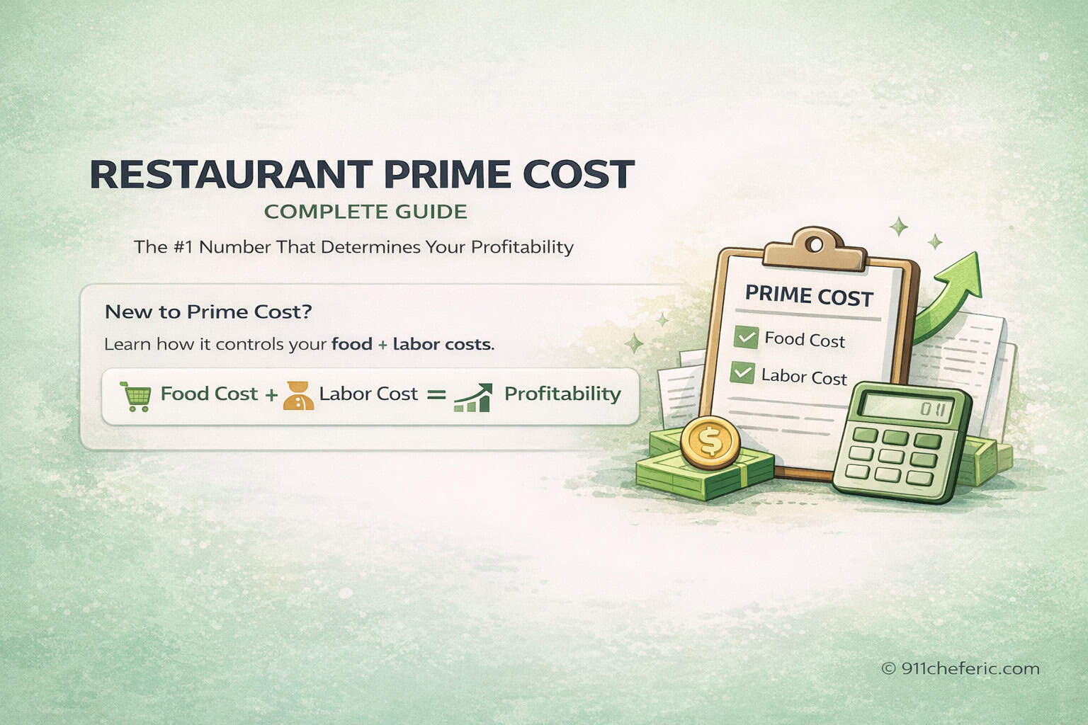 Restaurant prime cost formula showing food cost plus labor cost equals profitability