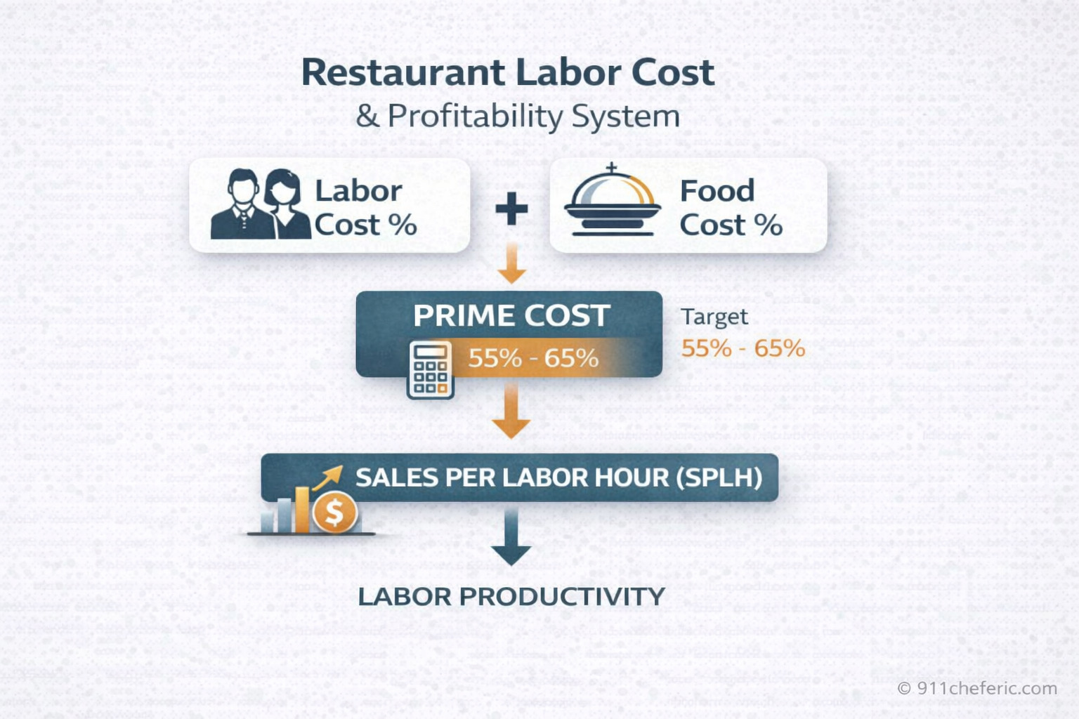 Restaurant prime cost system showing how labor cost percentage and food cost percentage combine into prime cost and influence sales per labor hour (SPLH)