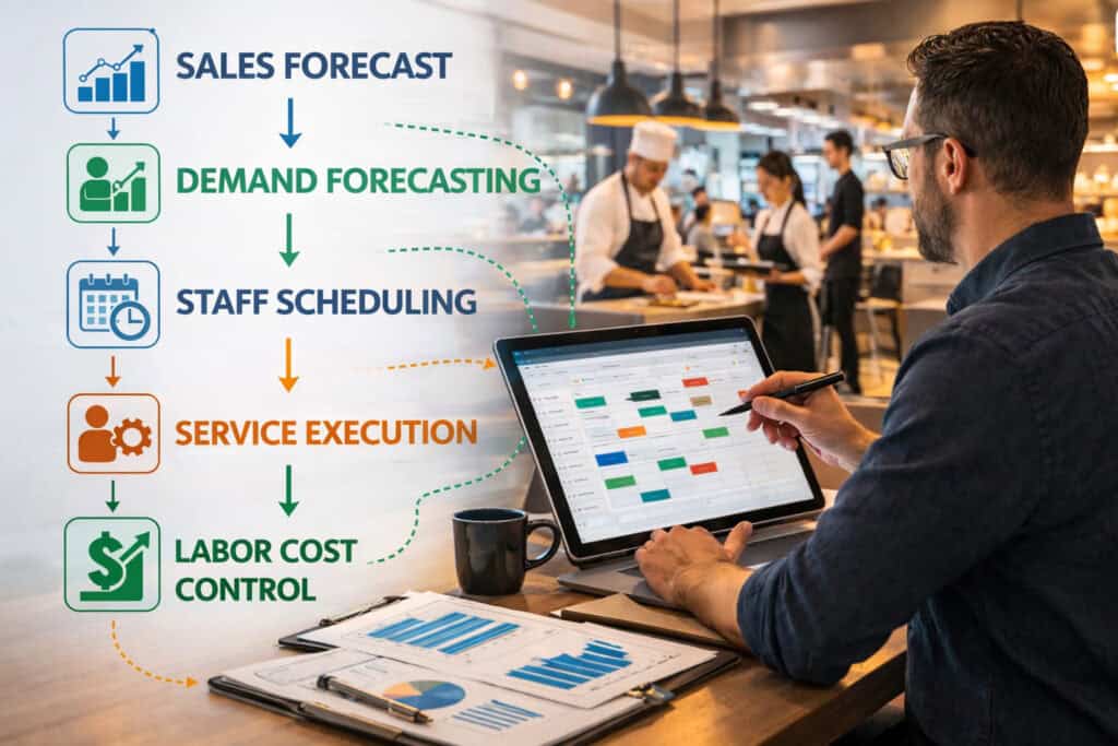 restaurant scheduling systems workflow showing sales forecast demand forecasting staff scheduling and labor cost control