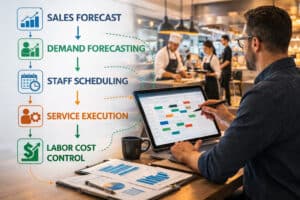 restaurant scheduling systems workflow showing sales forecast demand forecasting staff scheduling and labor cost control