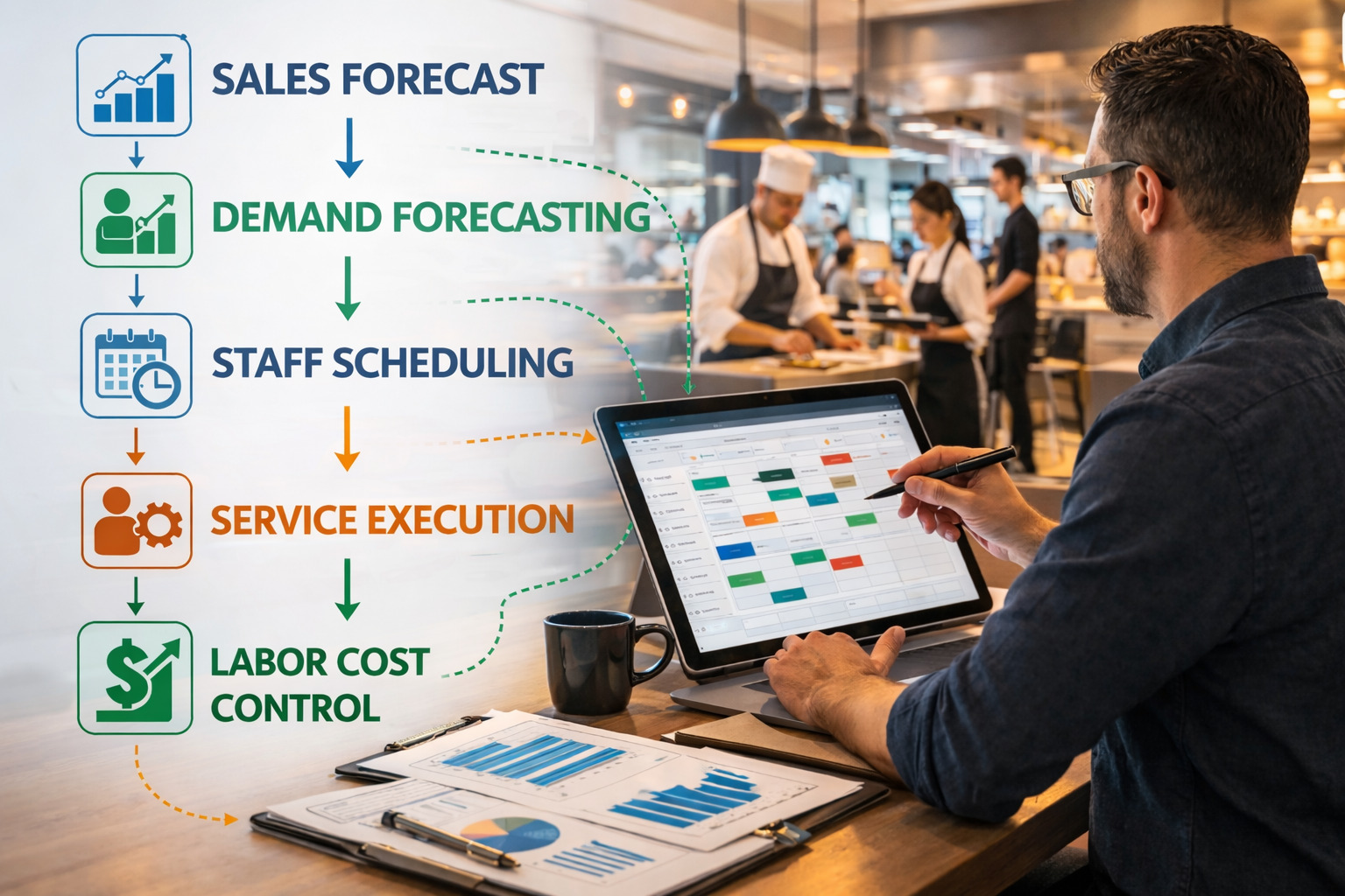 restaurant scheduling systems workflow showing sales forecast demand forecasting staff scheduling and labor cost control