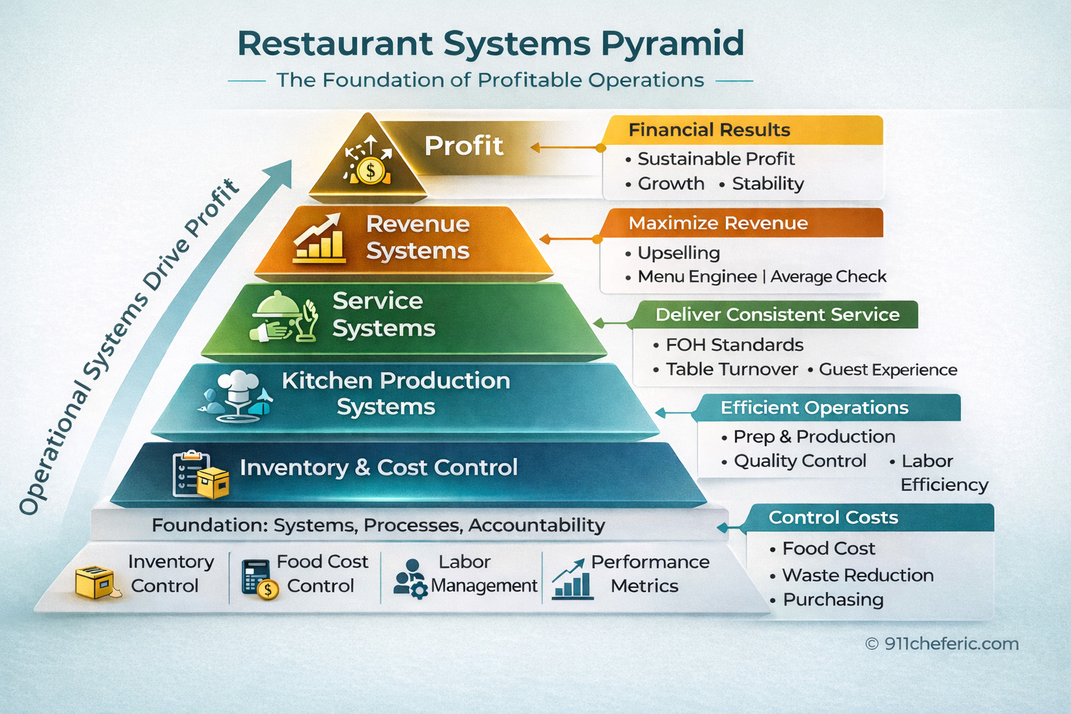 Restaurant systems pyramid showing operational layers from inventory and cost control to profitability