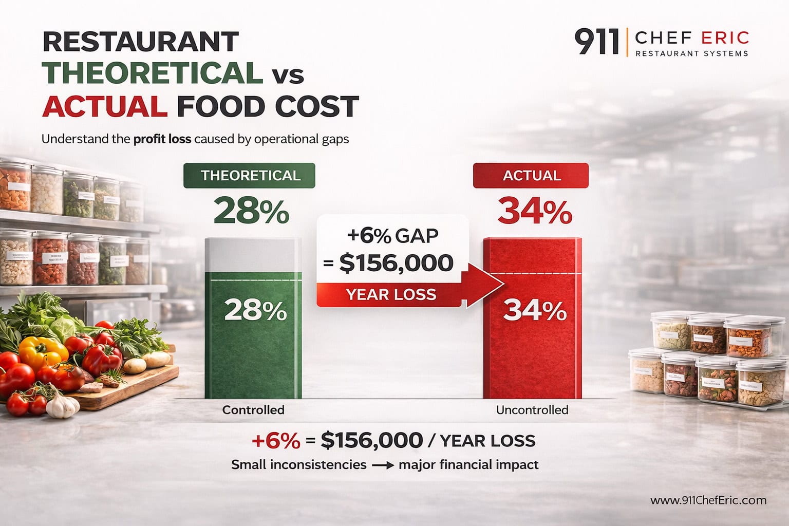 Restaurant theoretical vs actual food cost comparison showing profit loss from variance