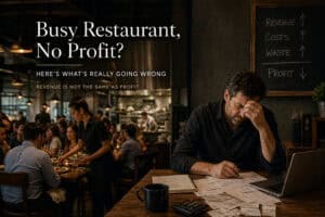 Busy restaurant dining room with server in motion while stressed owner reviews financial papers showing lack of profit