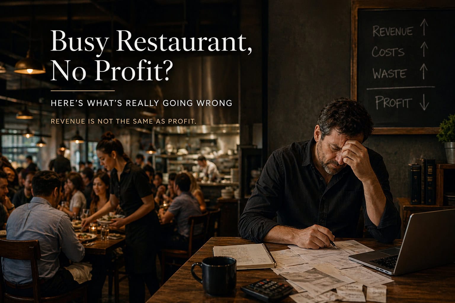 Busy restaurant dining room with server in motion while stressed owner reviews financial papers showing lack of profit
