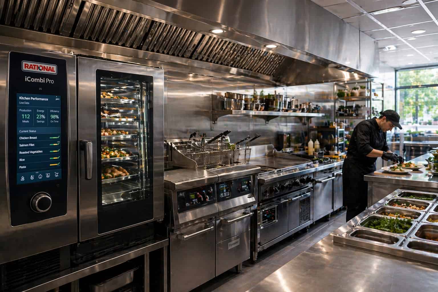 Modern commercial kitchen with iCombi Pro oven under ventilation hood and chef plating dishes in high efficiency workspace