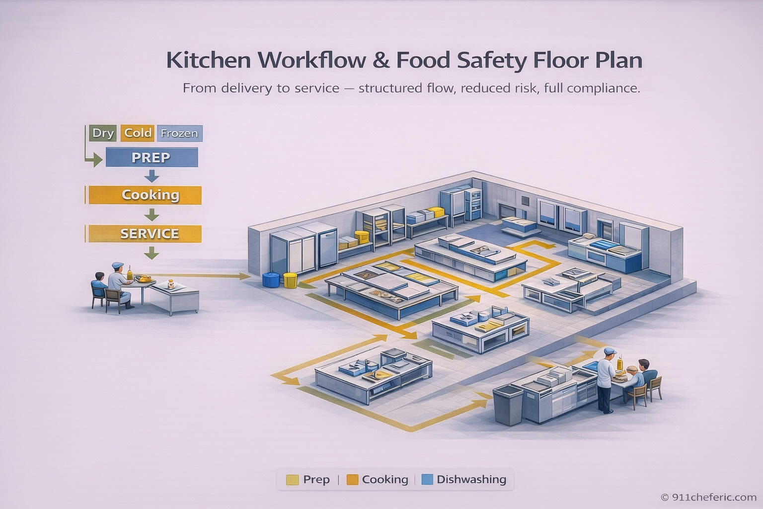 Kitchen workflow and food safety floor plan showing delivery, storage, prep, cooking, service, and dishwashing flow in a commercial restaurant kitchen