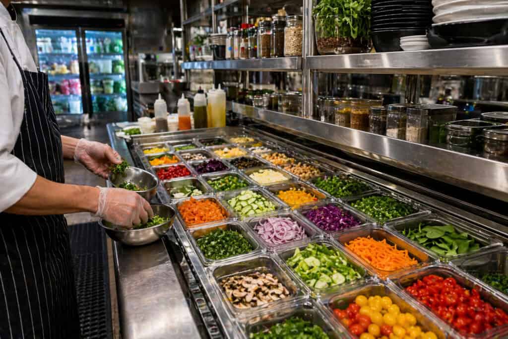 Organized restaurant prep station with chef preparing ingredients and colorful vegetables arranged in refrigerated mise en place containers