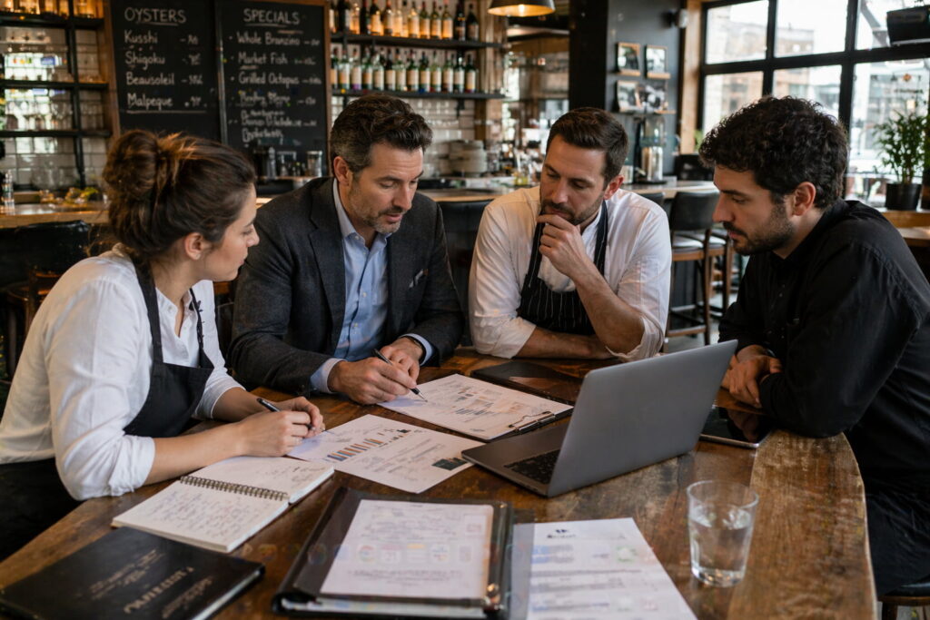 Restaurant consultant meeting with chef and management team reviewing performance and operations