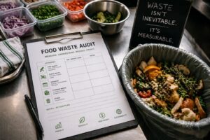 Restaurant food waste audit process showing kitchen prep scraps, tracking sheet, and waste bin to improve cost control and profitability