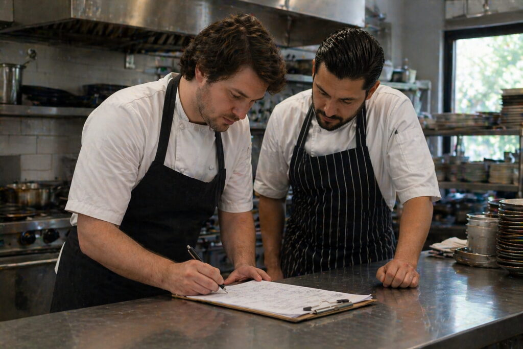 Chefs reviewing inventory and checking stock levels in a commercial restaurant kitchen to improve cost control and reduce waste