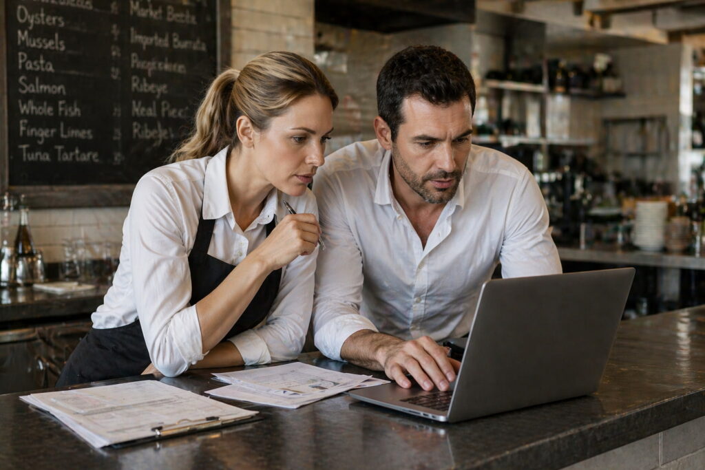 Restaurant managers reviewing performance data on laptop in dining room discussing operations and team management