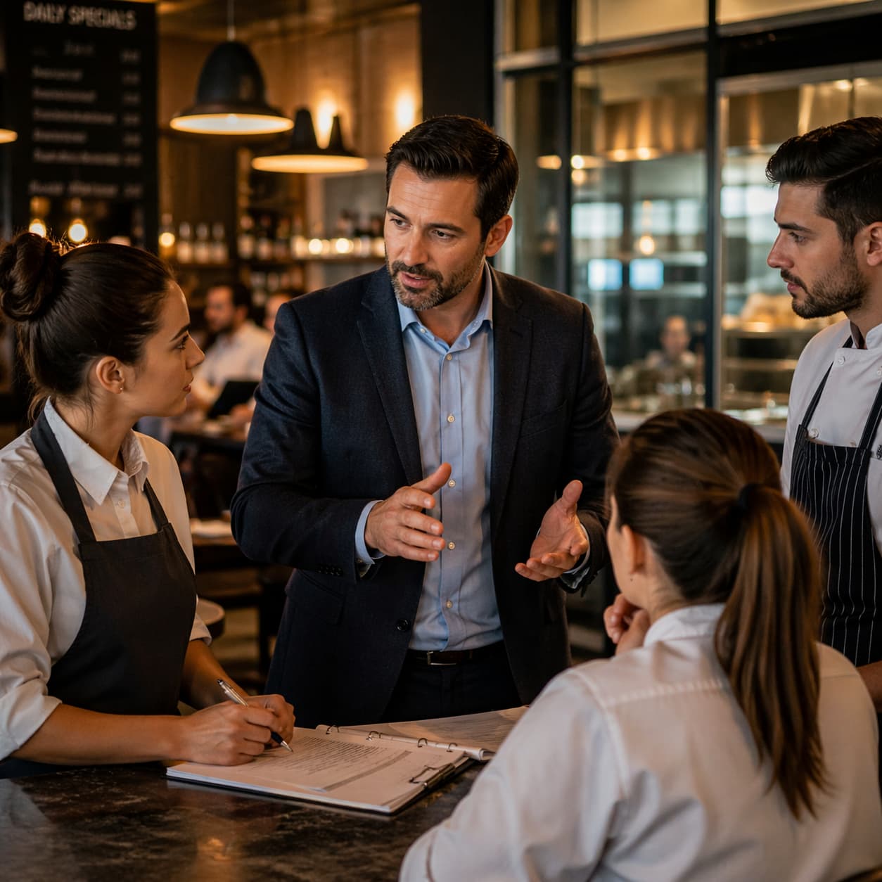 Restaurant leadership and management team briefing with staff coordination and operational systems