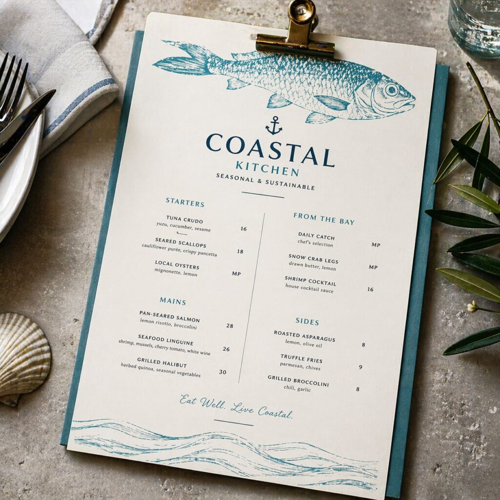 Restaurant menu design with coastal theme showcasing layout, typography, and visual hierarchy for improved profitability