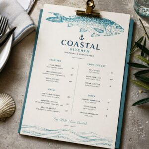 Restaurant menu design with coastal theme showcasing layout, typography, and visual hierarchy for improved profitability