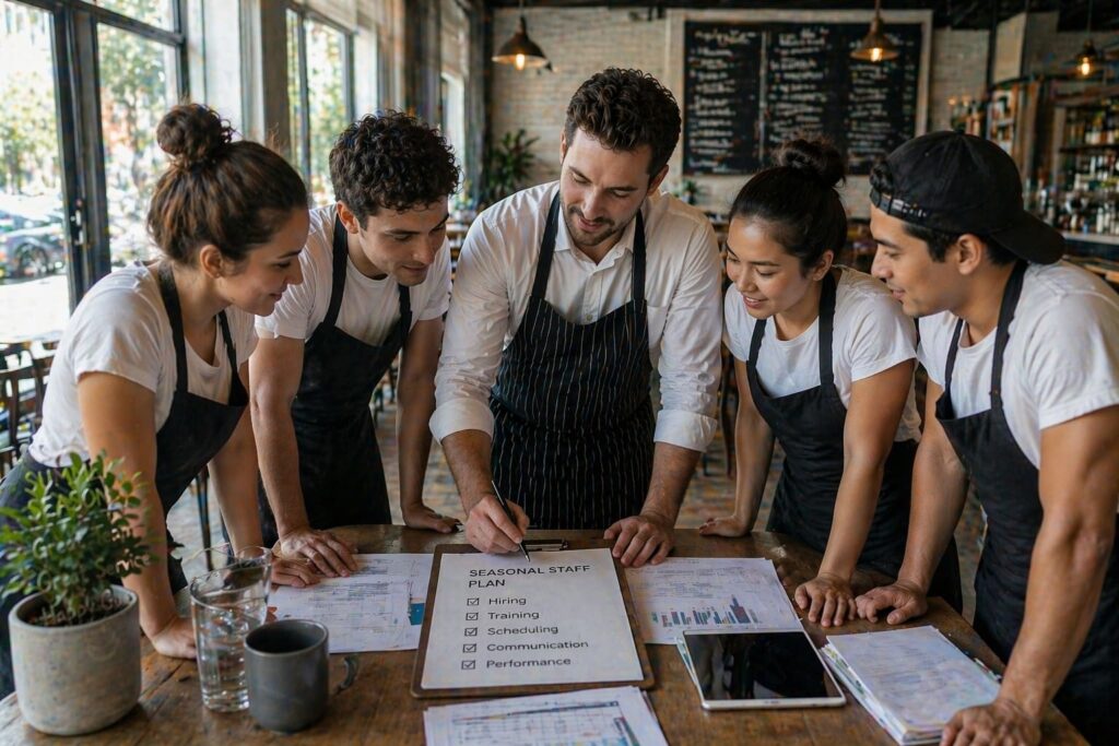 Restaurant team planning seasonal staff hiring and training strategy around a table
