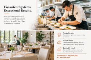 Restaurant kitchen team using operational systems and structured workflows to maintain consistent execution and guest experience