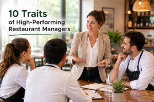 Restaurant manager leading a team meeting with chefs and staff during a leadership and operations briefing.