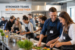 Corporate team building cooking event with employees collaborating in a professional kitchen environment to improve engagement and teamwork.