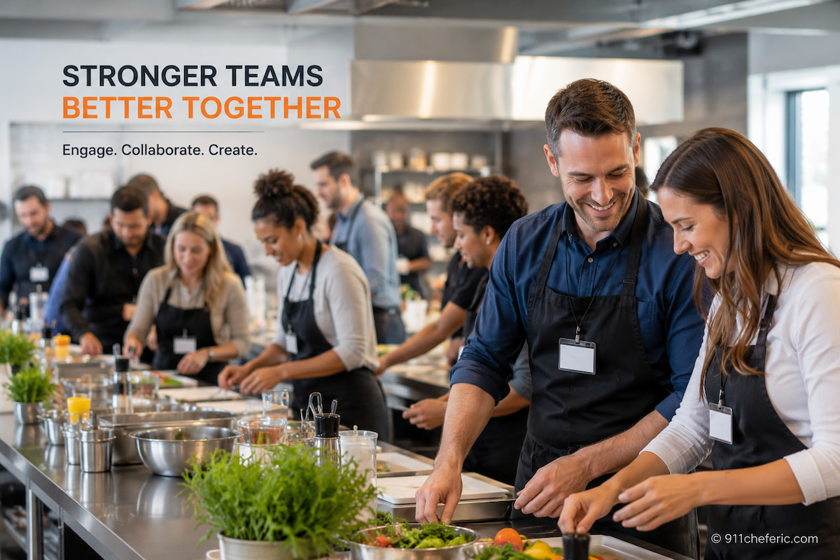 Employees participating in a corporate cooking event focused on engagement and workplace culture