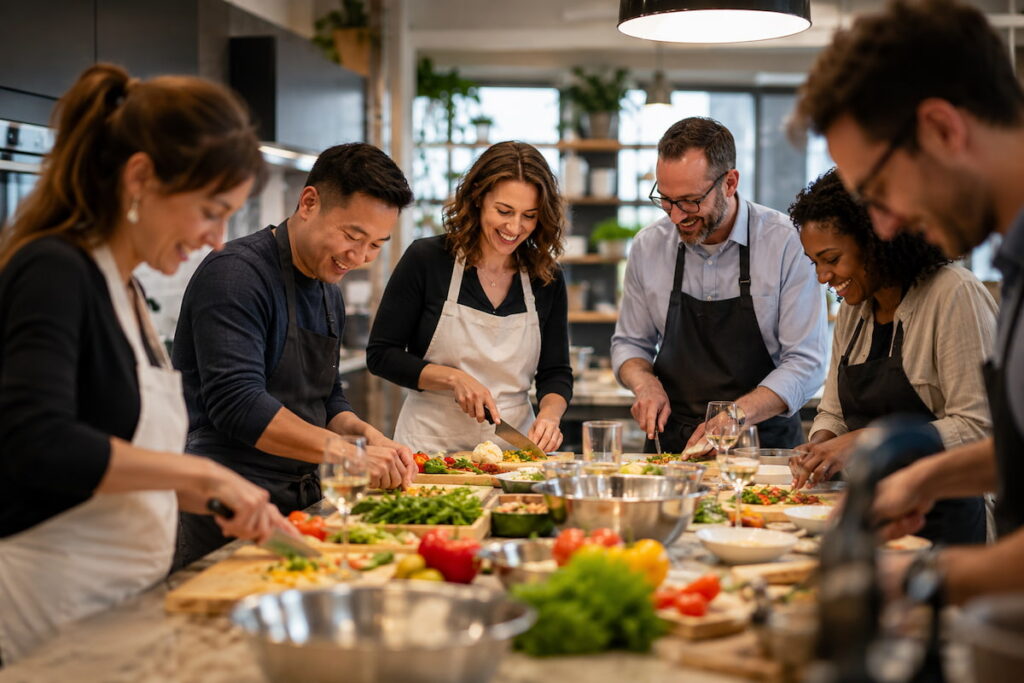Corporate team building cooking class with employees collaborating in a hands-on culinary experience