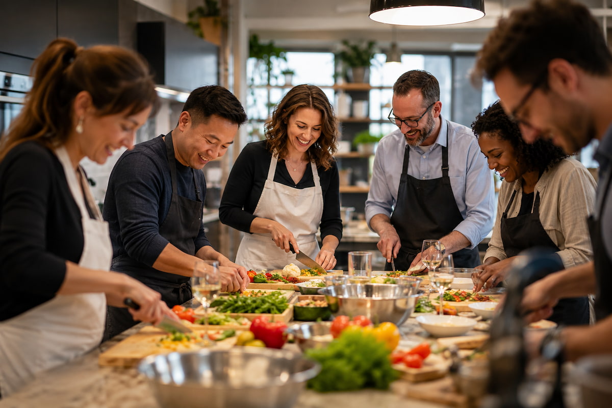 Corporate team building cooking class with employees collaborating in a hands-on culinary experience
