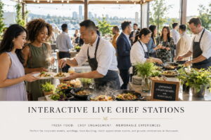 Interactive live chef stations with chefs preparing fresh food for guests during a corporate event and private celebration in Vancouver.