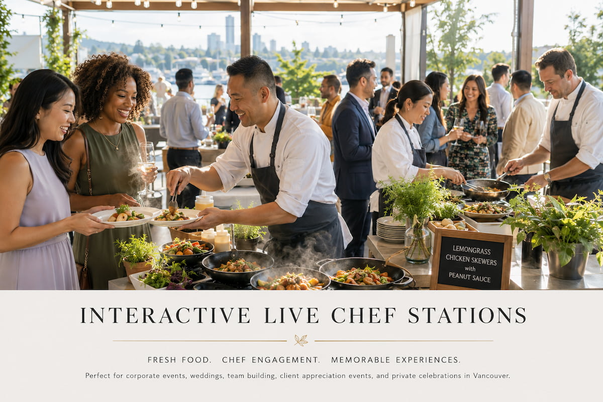 Interactive live chef stations at a Vancouver event featuring chefs cooking fresh food on-site for guests