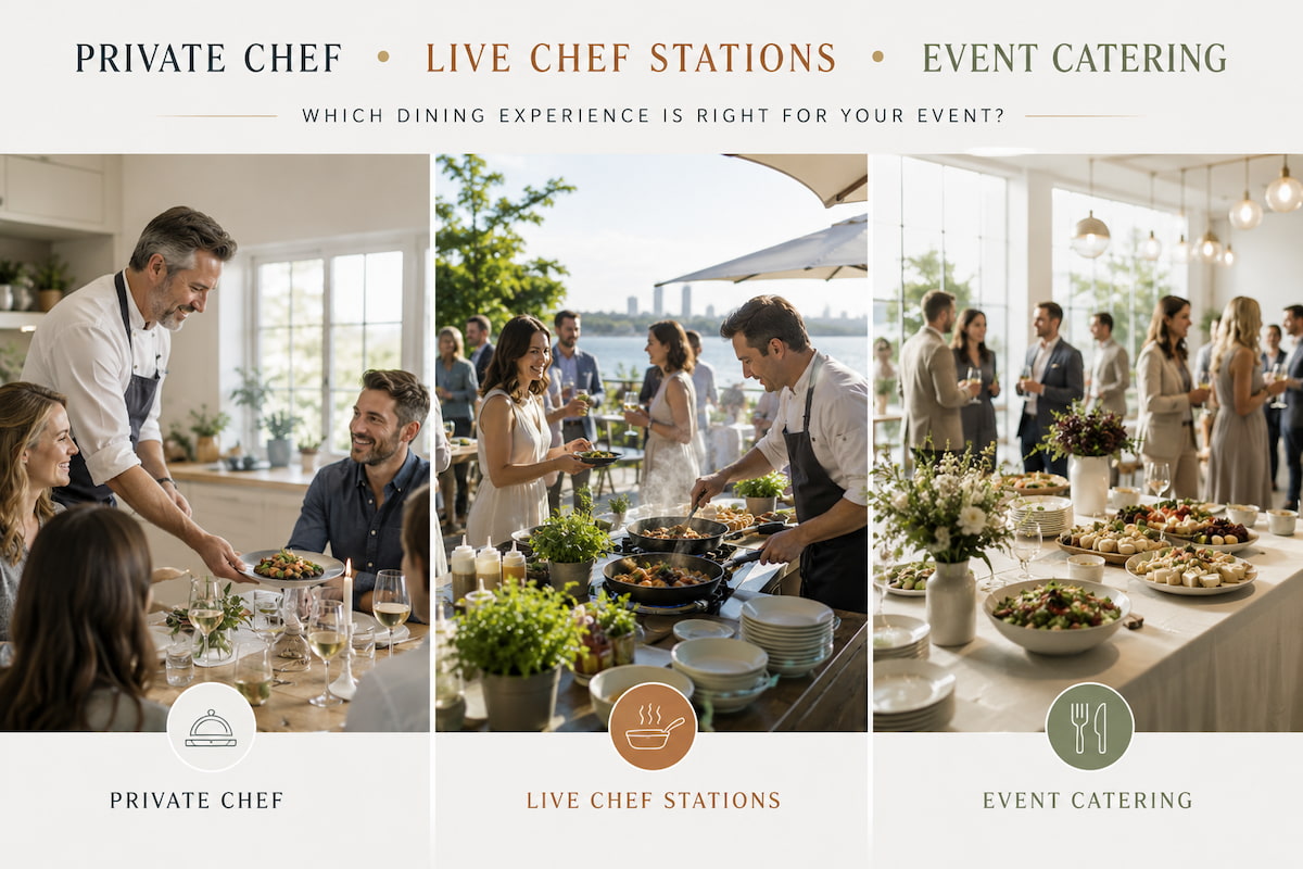 Private chef, live chef stations, and event catering comparison for Vancouver corporate events, weddings, and private celebrations.
