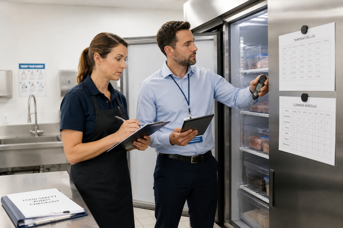 Restaurant food safety audit inspection with two professionals checking refrigerator temperatures and reviewing sanitation logs in a commercial kitchen